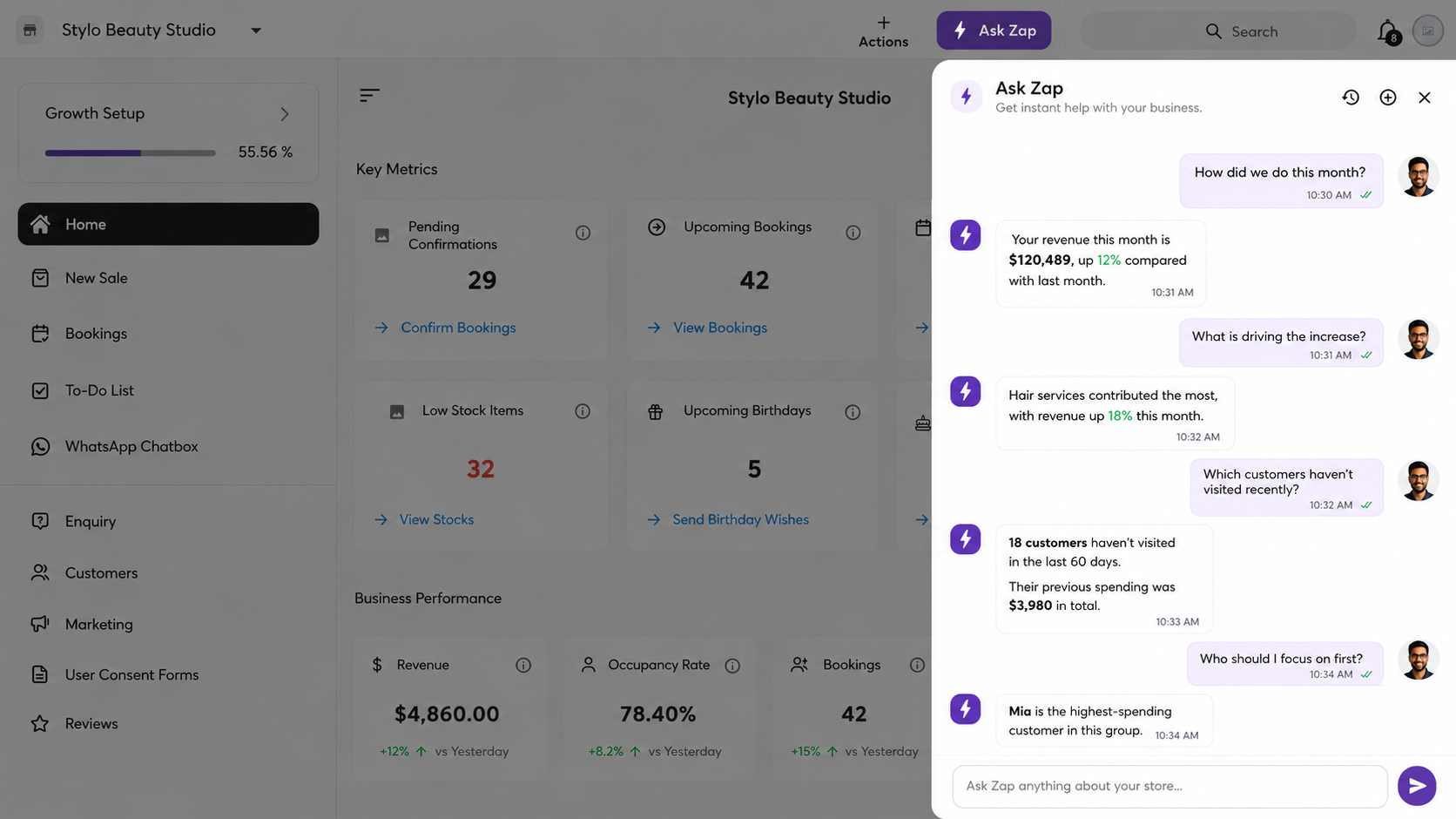 ZAP Business Manager chat interface